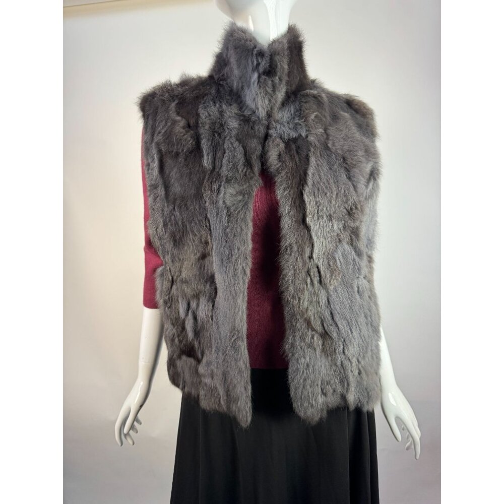 Adrienne Landau Real Rabbit Fur Vest L Dyed Gray Fur Lining Polyester Made In Ch